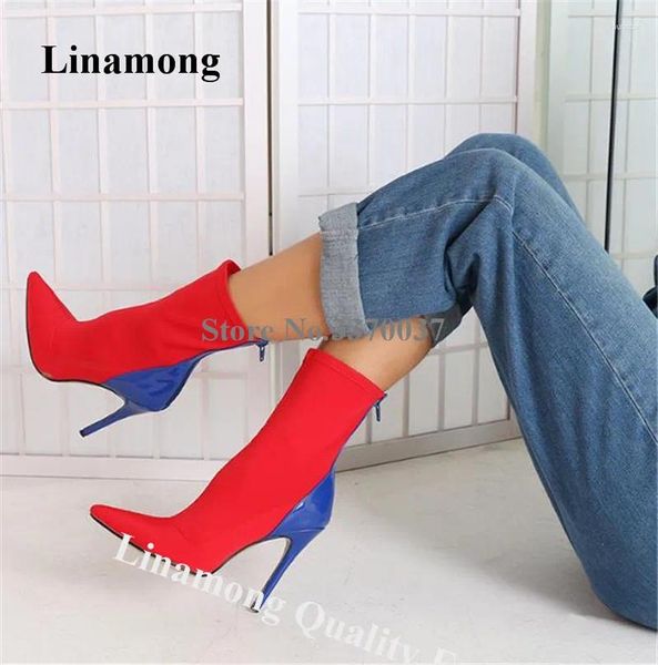 Botas Linentre moda apontou toe retalhos stiletto salto curto vermelho azul cores misturadas botas de tornozelo alto vestido saltos