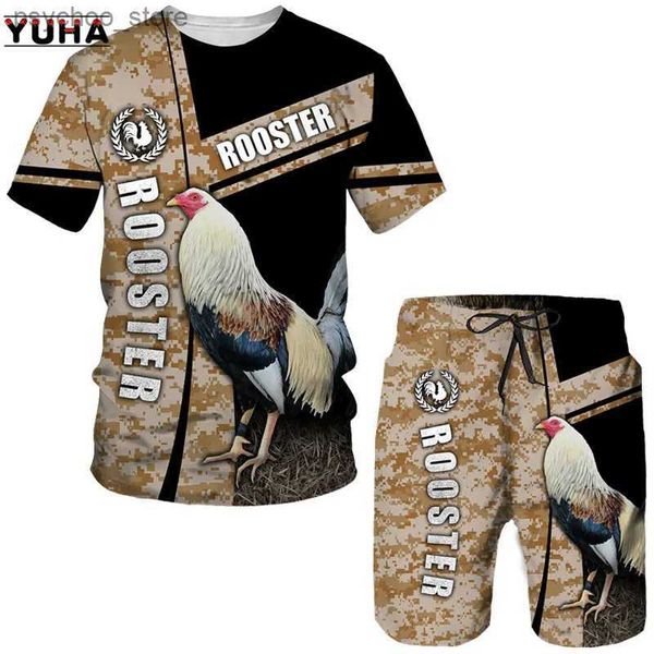 Tracksuits masculinos Yuha 3D impresso frango animal top verão mens casual rastreamento terno divertido galo caça camuflagem t-shirt + shorts para homens q240314