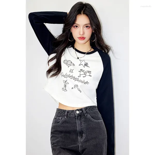 T-shirt da donna Versione coreana Autunno Inverno O Collo Top Donna Slim Donna Manica lunga Cartoon Tees Corta 2024 Camicia dolce