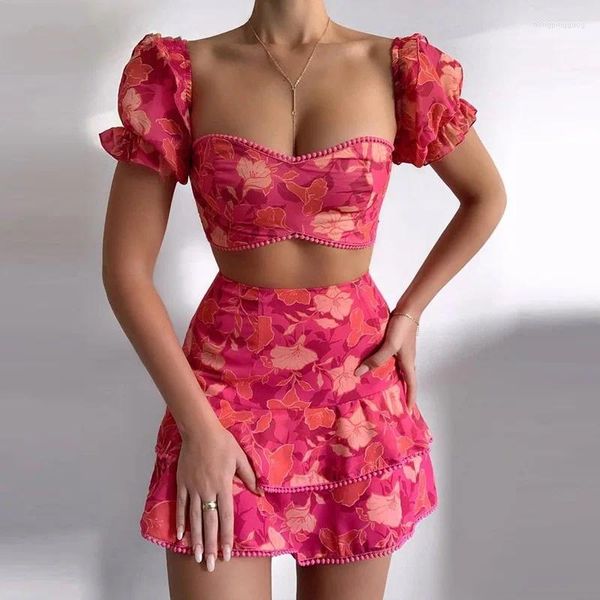 Vestidos de trabalho 2 peças conjuntos femininos verão sexy saia curta cintura alta manga bufante dobra ternos estampa floral roupas gota ghh8106