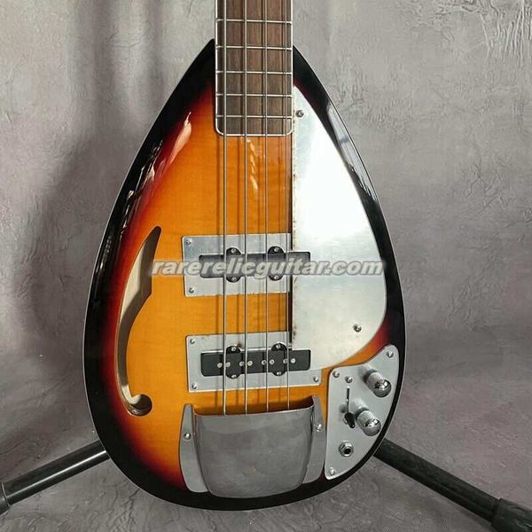 Seltener 4-saitiger Sunburst Tear Drop Vox Phantom E-Bass, halbhohler Korpus, einzelnes F-Loch, großes Block-Inlay, großes verspiegeltes Schlagbrett mit Brückenabdeckung