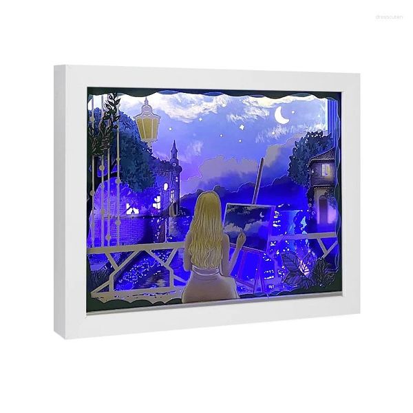 Quadros LED Night Light Paper Cut-Ight Box Kawaii Girl Pintura Picture Frame Lâmpada de cabeceira para quarto decoração presentes infantis