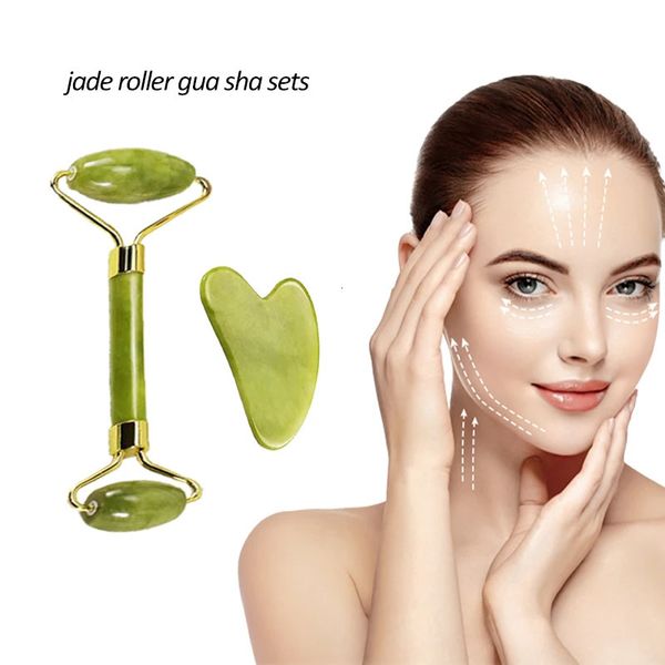 Natürliche Jade Gesichtsroller Gua Sha Set Hautpflege Hals Augenmassagegerät Muskelrelaxans Falten lindern Schönheitswerkzeuge 240313