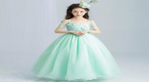 Hortelã verde elegante tule laço flor menina vestido de casamento tornozelo comprimento apliques grânulo crianças festa vestido de baile primeira comunhão vestidos6797938