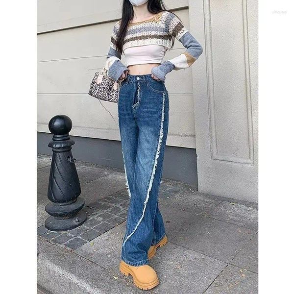 Jeans femininos estilo coreano nicho com pernas largas lavadas de cor clara para calças casuais de cintura alta