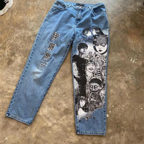 Jeans femininos Hip Hop Anime Printe Harajuku Retro Graphic Baggy Denim Y2K Pants Homens Mulheres góticas de cintura alta