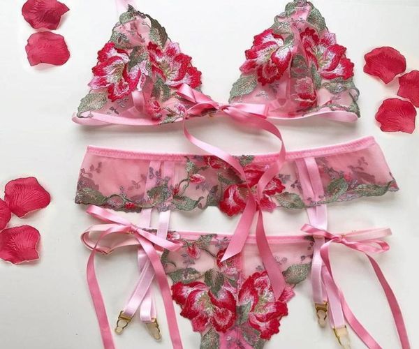 2021 bhs Set Women039s Tanga Strumpfband 3 stücke Bh Spitze Sexy Mode Fliege Nachtwäsche Unterwäsche Dessous Blume Spitze42752456