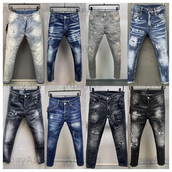 2024 novos jeans masculinos jeans preto rasgado calças moda magro estilo quebrado bicicleta motocicleta rock revival jean