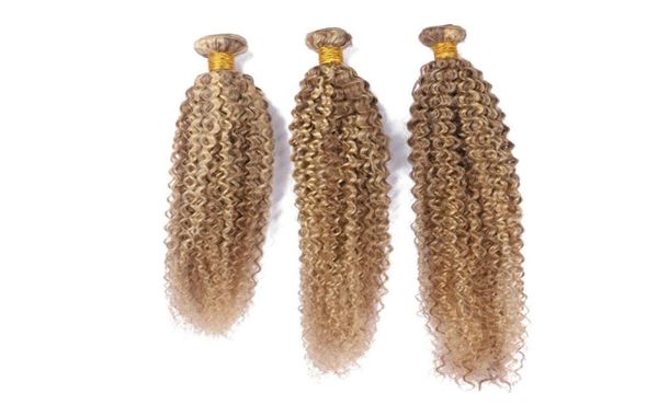 Virgem Brasileiro Piano 27613 Destaque Cor Feixes de Cabelo Humano 3 Pcs Kinky Curly Luz Marrom Loira Piano Mix Cor Do Cabelo Humano E2159730