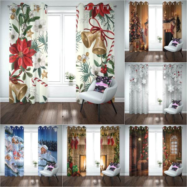 Cortinas de natal para sala de estar, cortinas para quarto, estampa de floco de neve, cortina blackout, decoração de casa, 2 painéis