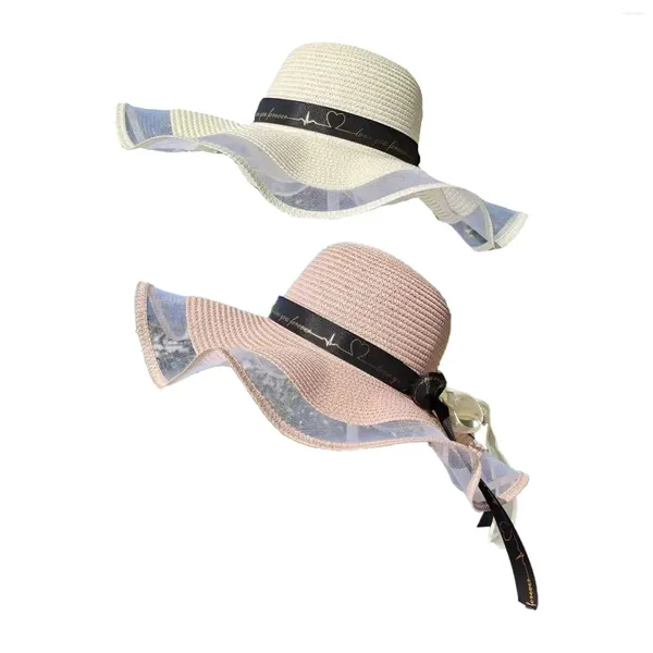 Ampla borda chapéus mulheres palha fita arco respirável dobrável leve macrame borda moda chapéu de sol praia para festival de viagem