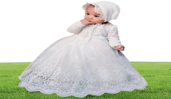 Abito da battesimo bianco per bambina Bebe Manica lunga Compleanno Ricamo Abito vintage Abito da battesimo in rete con cappello per neonato 12M F6054256