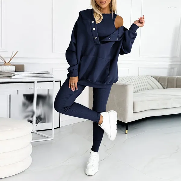 Zweiteilige Damen-Hosen, modisches ärmelloses Oberteil, Kapuzen-Sweatshirt, Bleistift-Set, Dame, lässig, lange Ärmel, 3-teilig, Outfits, elegant, solide, locker, Sport