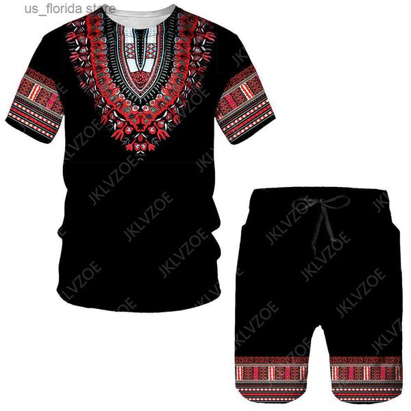 Homens Tracksuits Mais Novo Mens Tracksuit Africano Imprimir Mulheres Mens T-shirts Define África Dashiki Vintage Tops Esporte e Lazer Verão Masculino Terno Y240321