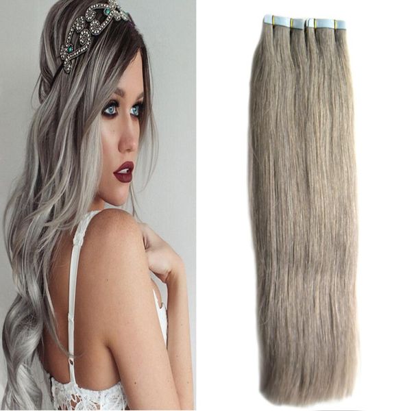 Fita de cabelo brasileiro prateado em extensões de cabelo reto 100g 40 peças fita de trama de pele de cabelo virgem cinza2259717