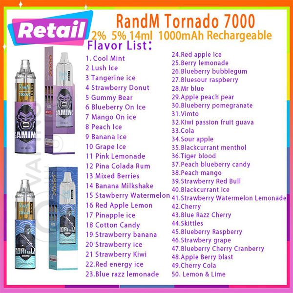 Vendita al dettaglio RandM Tornado 7000 Sigarette elettroniche monouso con penna Vape Puff 14ml Pod Mesh Coil 6 colori luminosi Dispositivo ricaricabile regolabile in aria 7k Puffs Vape Pen