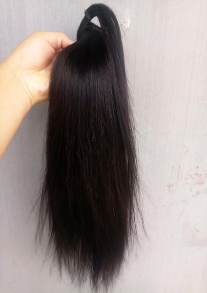 Chegam novas extensões de cabelo humano brasileiro virgem remy em linha reta rabo de cavalo natral cor preta 100g um pacote 7694635