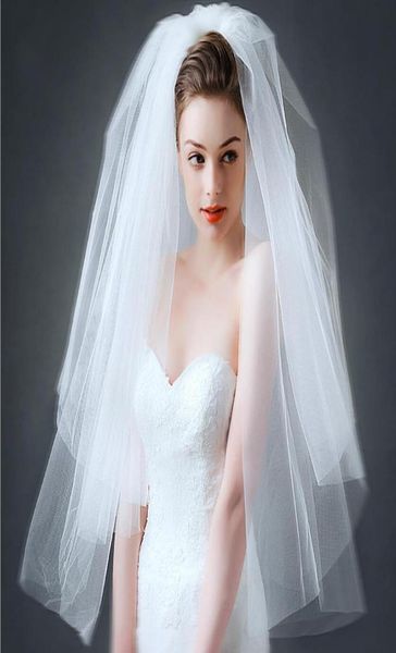 Véus de casamento romântico de camada dupla, véu de comprimento de mão feito sob encomenda, qualidade superior, simples, ruched, acessórios para cabelo de noiva 4599772