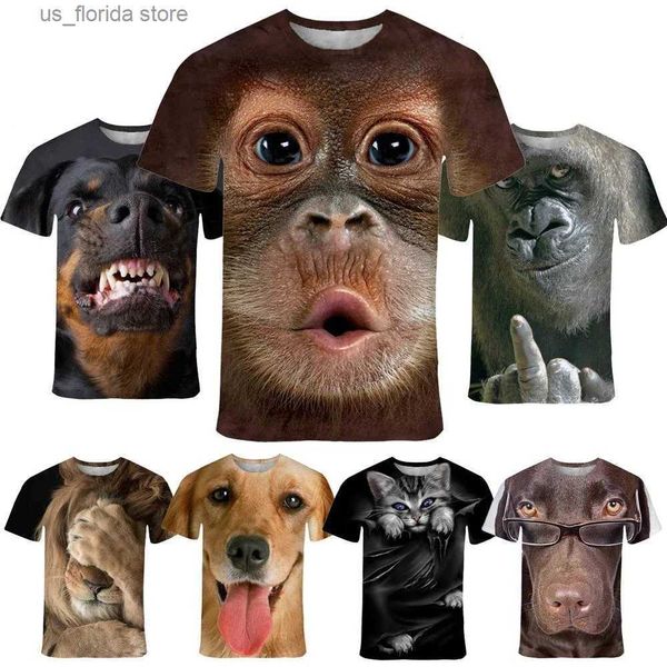 T-shirt da uomo New Fashion Animal Face T-shirt stampata 3d Uomo e donna Estate Casual Short Slve Scimmia Cane Gatto Leone Stampa animale Camicia Y240321