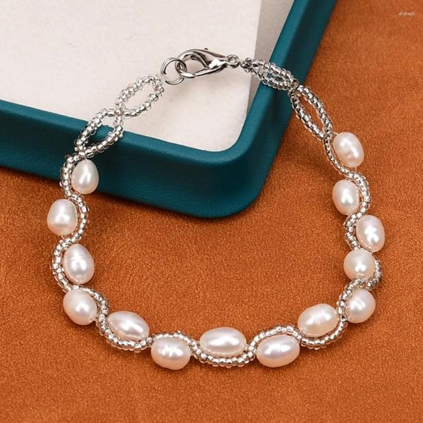 Bracciale intrecciato con perle di riso bianco naturale Strand G-G, regalo di gioielli da 7 pollici per ragazze