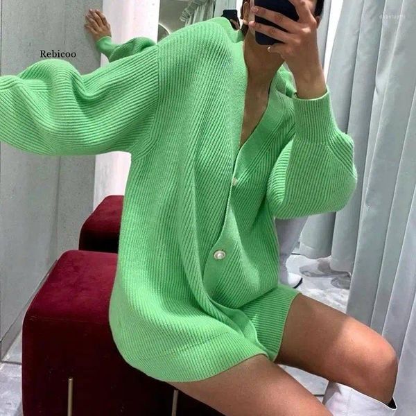 Malhas femininas verde longo de malha cardigan outono inverno solto básico senhoras camisola feminina botão malhas suéteres