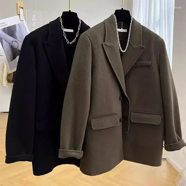 Мужские куртки в корейском стиле, повседневный пиджак для мужчин и женщин, осень-зима 2024, модное универсальное свободное однотонное шерстяное пальто, освежающее Cityboy