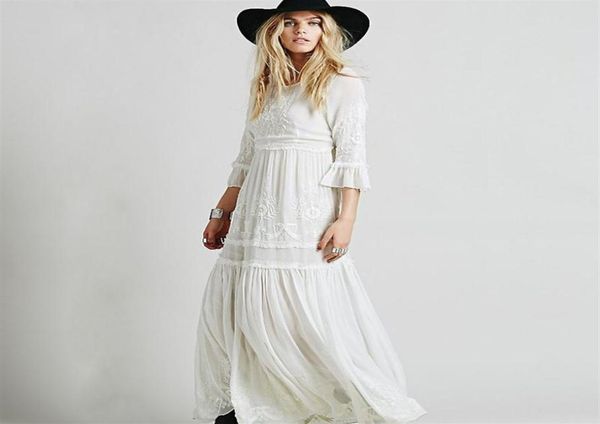 Bohemian Kleid Frauen Sieben Ärmel Stickerei Boho Kleid Rundhals Sexy Langes Kleid Baumwolle Lose Weibliche Robe174y5259326