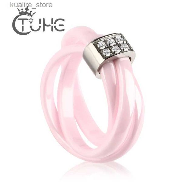 Anelli a grappolo Romantic Pink 3 Cross Anello in ceramica Lady Accessori Colore rosa Sex Zircon Cross Ring Fedi nuziali in acciaio inossidabile per le donne L240315