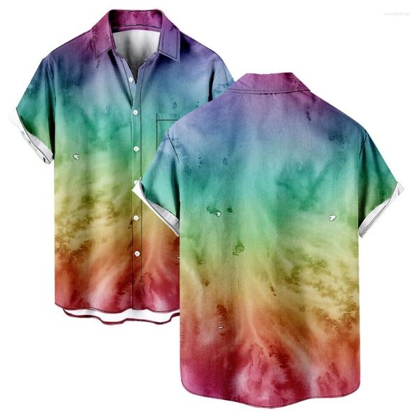 Мужские повседневные рубашки с цветным узором, летняя рубашка с короткими рукавами и v-образным вырезом с отложным воротником, рубашка на пуговицах в пляжном стиле