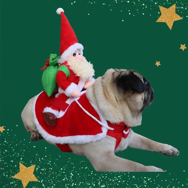 Abbigliamento per cani Costume natalizio Divertente Babbo Natale che cavalca sul cappotto invernale con cappuccio Cappotto per gatti per animali domestici Abiti da festa per Halloween