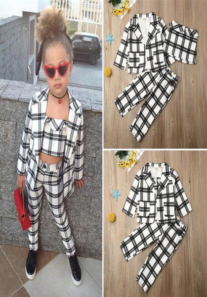 Conjunto de 3 peças de roupas para crianças bebês meninas casaco xadrez tops calças compridas outfits275H2235653