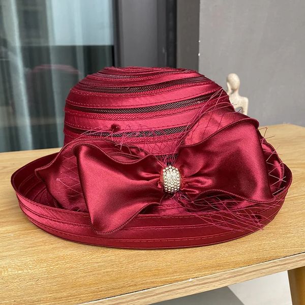 Cappello da sole in organza a tesa larga da donna elegante fiocco grande per donna Lady Church Wedding Floppy Summer Beach Cap 240309