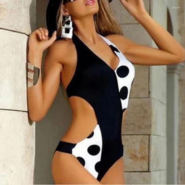 Kadın mayo kadın mayo polka dot patchwork kayış tek parça bikini v boyun trikini canlı bayan plaj giyim biquini bbfu