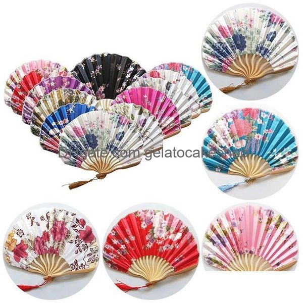 Produtos de estilo chinês ventilador de seda japonês bambu dobrável vintage onda quilha dança fãs de mão artesanato decoração de casa ornamentos gif dhsux