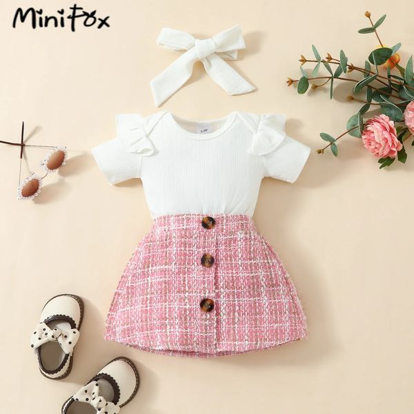 MiniFox Baby Tweed Set per ragazze Manica corta Body bianco e gonne in tweed rosa 3 pezzi Nati estivi Abiti per ragazze Vestiti 240301