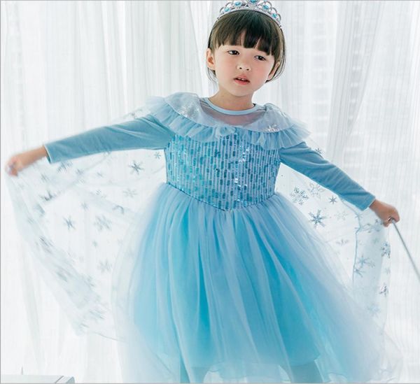 Vestito da ragazza cosplay con paillettes Vestito da principessa blu Mantella con fiocco di neve per spettacoli di spettacolo Vestiti per bambini 27 anni E8152743372