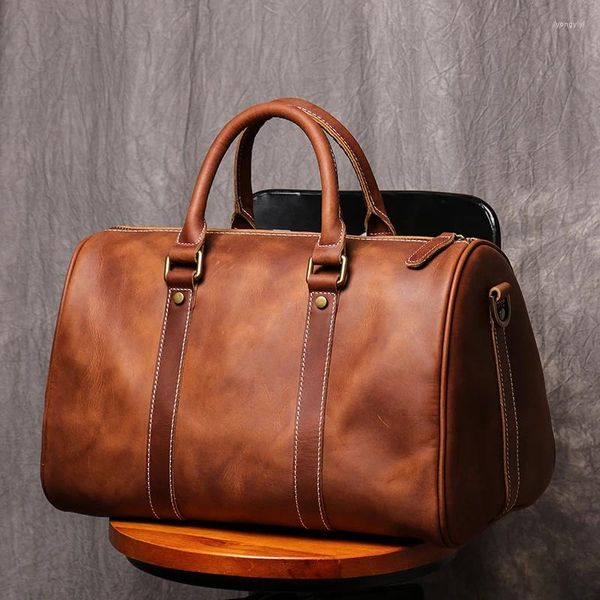 Duffel Bags Pure Handmade Natural Crazy Horse Couro Pequena Bolsa Genuína de Viagem Masculina