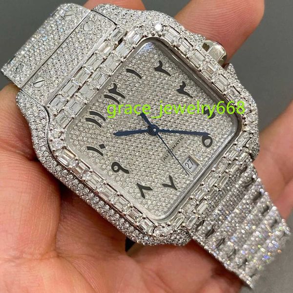 Hip Hop ousado e elegante mostrador quadrado numeral romano relógio de pulso de diamante natural para homens com relógio de clareza VVS aprimorado de luxo