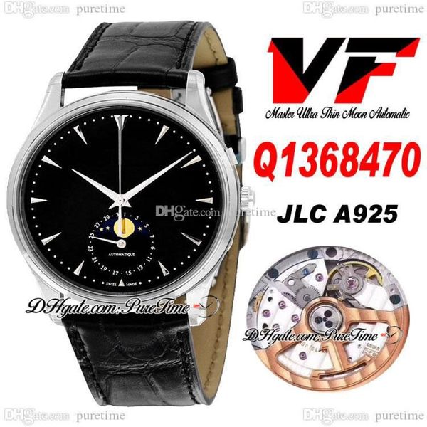 VF V3 Master Ultra Thin Moon Q1368470 JLC A925 Relógio automático masculino caixa de aço mostrador preto prata vara marcadores pulseira de couro corre229s
