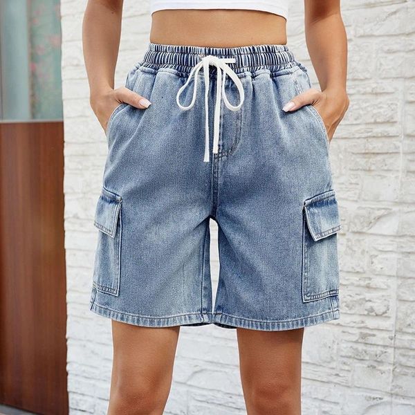 Calças femininas perna larga gradiente azul retro denim shorts verão feminino cintura alta solta cordão curto jeans streetwear capris