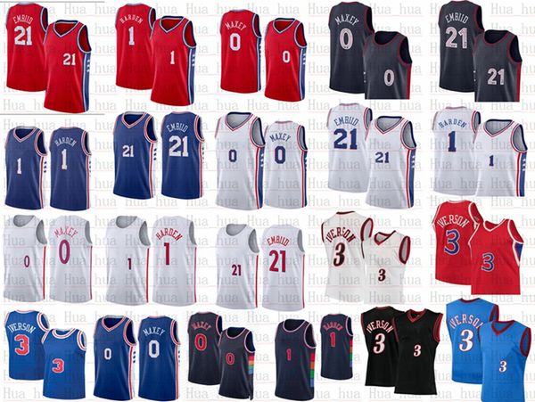 James Harden Tyrese Maxey Joel Embiid Basketballtrikot Allen Iverson Julius Erving Matisse Thybulle 2023 City White Edition Retro-Shirt Blaue Trikots