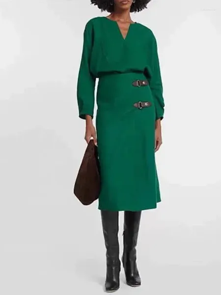 Рабочие платья Зеленый комплект Женская свободная блузка с v-образным вырезом и длинными рукавами или юбка-миди с высокой талией и разрезом Женский модный костюм