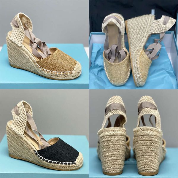 Designer Donna Sandali con zeppa Espadrillas Tacchi alti Piattaforma in pelle Tacchi alla caviglia Sandali con lacci Moda estiva Scarpe di paglia con scatola 536