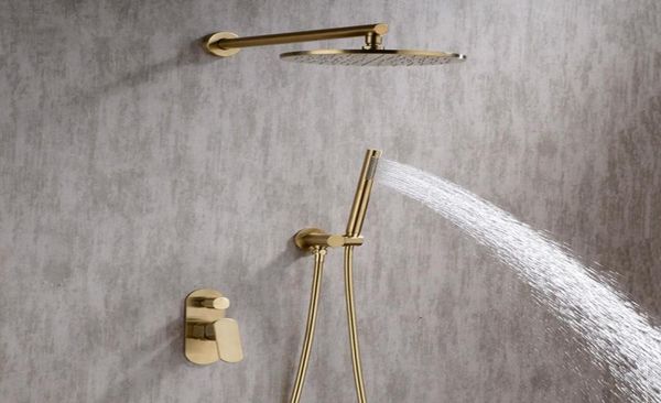 Gebürstetes Gold Badezimmer-Duschset 810 Zoll Rianfall Duschkopf Wasserhahn Wandmontage Duscharm Mixer Umsteller6875519