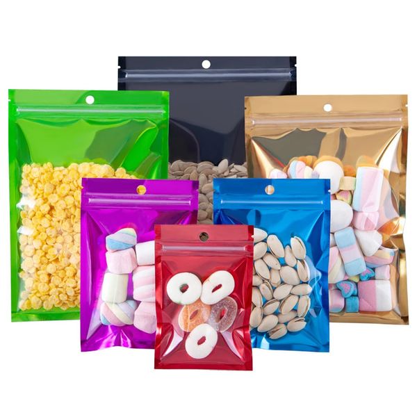 100 Pz / lotto Borsa in alluminio Mylar trasparente colorato con foro per appendere Zip Lock Grip Seal Tear Notch Sacchetti riutilizzabili per snack 240307