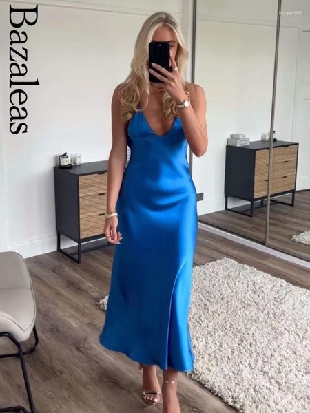 Vestidos casuais 2024 como seda sem mangas lado zíper vestido verão backless bodycon elegante cetim azul longo feminino