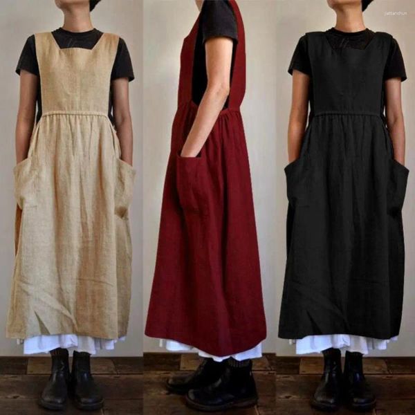 Parti elbiseleri artı beden 2024 Elbise Kadınlar Düz Renkli Kolsuz Kare Boyun Cepleri Pamuk Keten Önlük Uzun