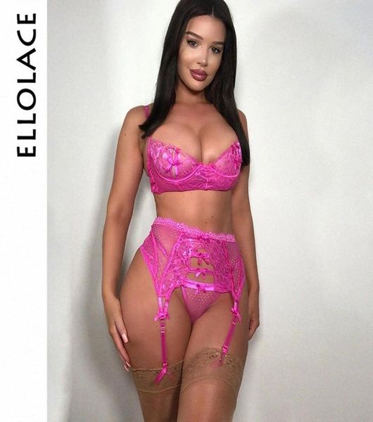 Ellolace Set di biancheria intima di pizzo sexy Donna Set di reggiseno push up rosa Lingerie Set di slip Bralette e mutandine 2019 Moda Nuovi set sexy Y205165103