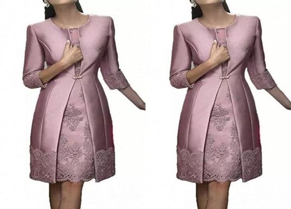 Элегантные вечерние платья для матери невесты 2020 с длинным жакетом-футляром длиной до колена пыльно-розового, серебристо-серого цвета, сантин и кружево, свадьба2088356