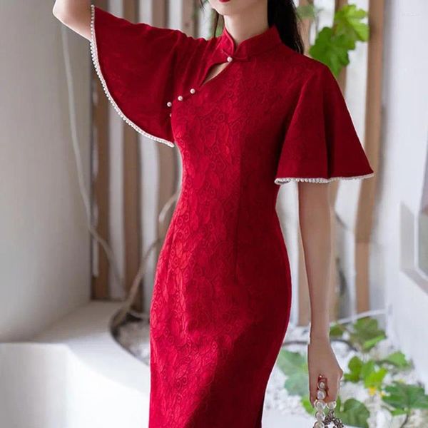 Ethnische Kleidung Rote Spitze Cheongsam Frauen Elegantes schlankes Retro-Kleid Stehkragen 3/4 Ärmel Jacquard Qipao Chinesischer Stil Abend Hochzeit Dres